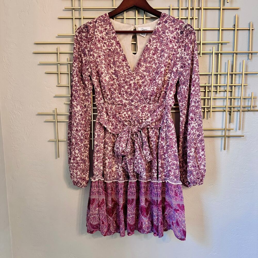 Japna Boho Floral Long Sleeve Mini Dress Tie Waist Small